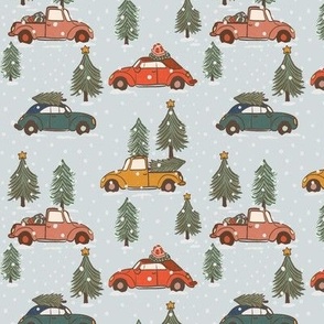Vintage Christmas cars trucks and trees snow | soft blue grey | small 5inch scale 