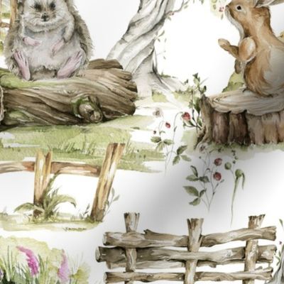 18" Little Wild Animals Foxes Rabbits Birds And Mice In Summer Holidays  white
