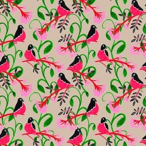 Red and black birds on a beige background