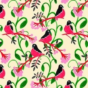 Red and black birds on a yellow background