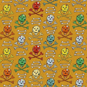 colorful skulls and crossbones on gold | medium