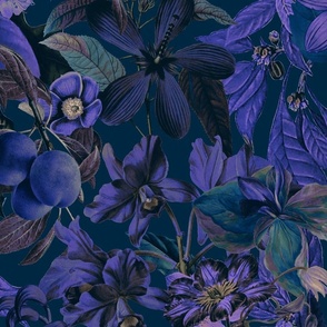 Moody Blue Purple Midnight Jungle Flower Pattern 