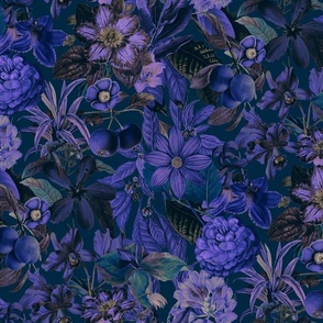 Moody Blue Purple Midnight Jungle Flower Pattern Smaller Scale