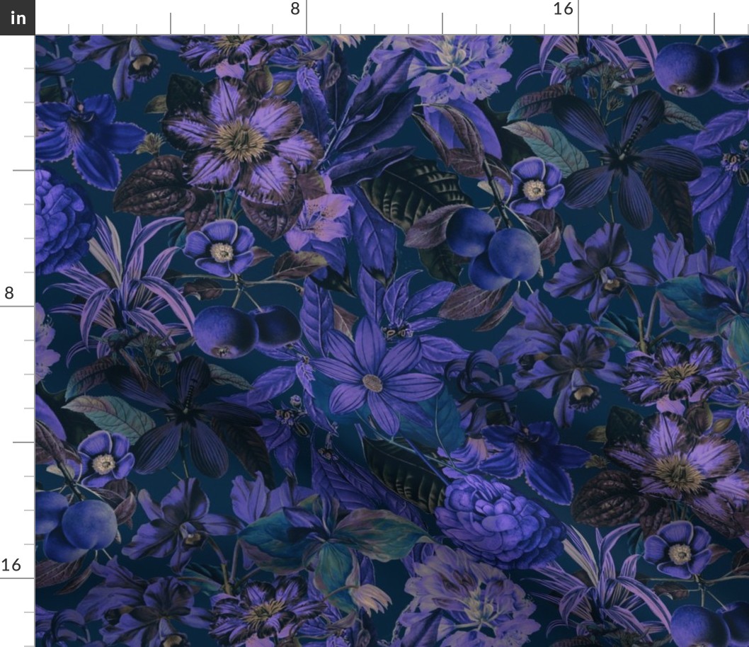 Moody Blue Purple Midnight Jungle Flower Pattern Smaller Scale