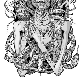 grayscale image of pharaoh mummy with snakes-sp-fl