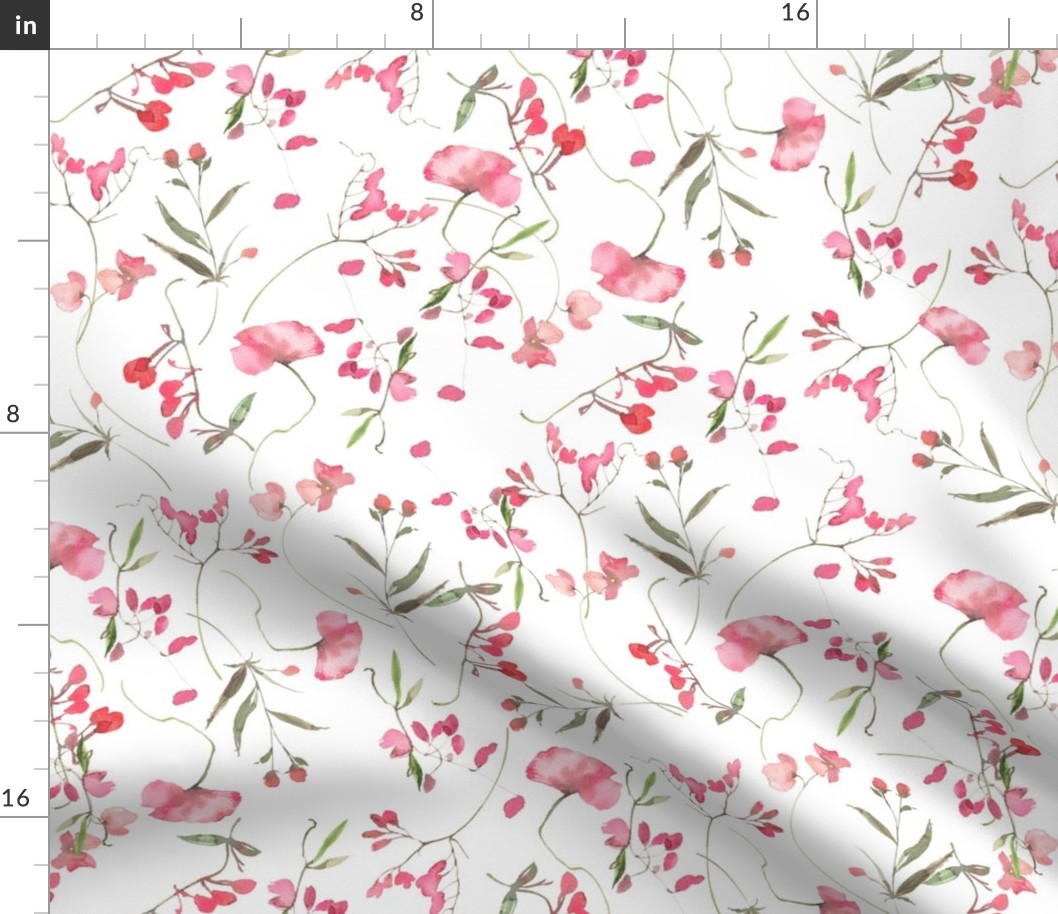 18" A beautiful cute pink midsummer flower garden with pink wildflowers peas,and grasses on white background-for home decor Baby Girl   and  nursery fabric perfect for kidsroom wallpaper,kids room