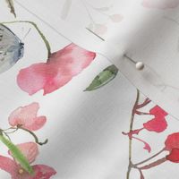 18" A beautiful cute pink midsummer flower garden with butterflies and pink wildflowers peas,and grasses on white background-for home decor Baby Girl   and  nursery fabric perfect for kidsroom wallpaper,kids room