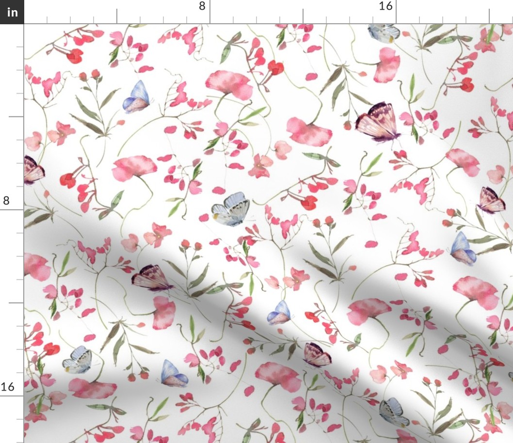 18" A beautiful cute pink midsummer flower garden with butterflies and pink wildflowers peas,and grasses on white background-for home decor Baby Girl   and  nursery fabric perfect for kidsroom wallpaper,kids room