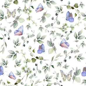18" a soft summer butterflies meadow  - nostalgic eucalyptus leaves, Blue Butterflies and Herbs home decor on white,    Baby Girl and nursery fabric perfect for kidsroom wallpaper, kids room, kids decor 