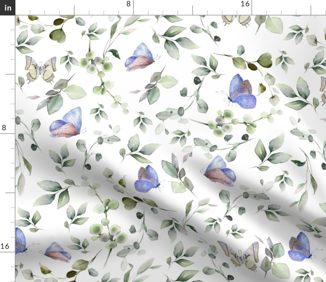 18" a soft summer butterflies meadow  - nostalgic eucalyptus leaves, Blue Butterflies and Herbs home decor on white,    Baby Girl and nursery fabric perfect for kidsroom wallpaper, kids room, kids decor 
