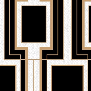 Jumbo Art Deco Geometric Rectangles in Black and Faux Gold with Off-White Eggshell Craquelure Pattern