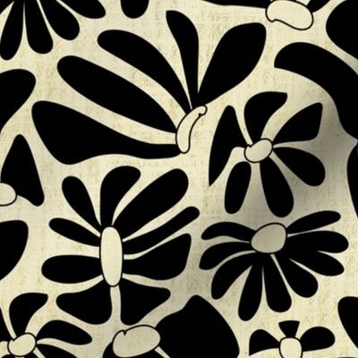 Retro Whimsy Daisy- Flower Power on Eggshell - Black Floral- Regular Scale