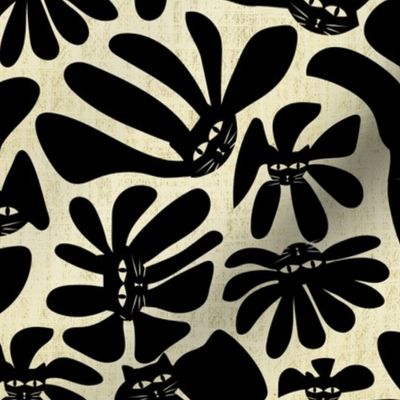 Black Cat Retro Whimsy Daisy- Flower Power on Eggshell - Halloween Floral- Regular Scale