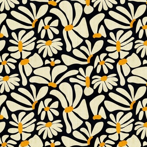 Retro Whimsy Daisy- Flower Power on Black - Eggshell Yellow Floral- Regular Scale