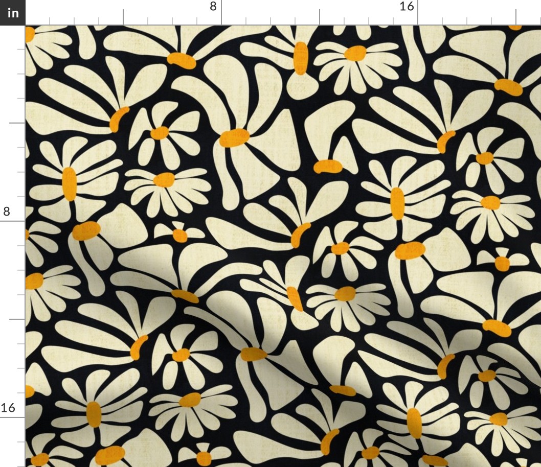 Retro Whimsy Daisy- Flower Power on Black - Eggshell Yellow Floral- Regular Scale