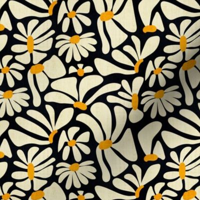 Retro Whimsy Daisy- Flower Power on Black - Eggshell Yellow Floral- Small Scale