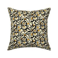 Retro Whimsy Daisy- Flower Power on Black - Eggshell Yellow Floral- Small Scale