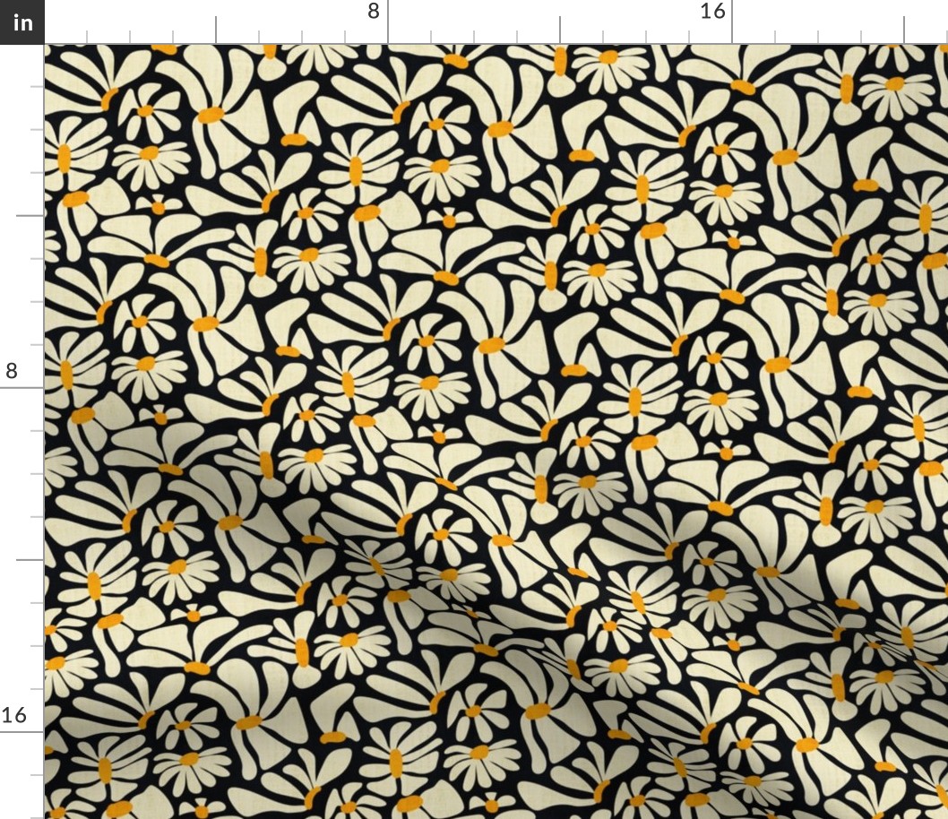 Retro Whimsy Daisy- Flower Power on Black - Eggshell Yellow Floral- Small Scale