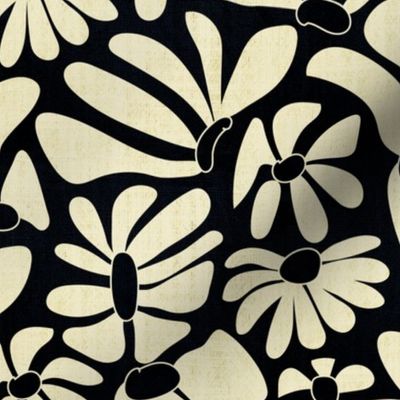 Retro Whimsy Daisy- Flower Power on Black - Eggshell Floral- Regular Scale