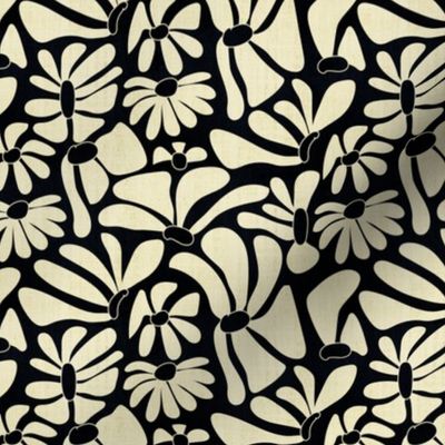 Retro Whimsy Daisy- Flower Power on Black - Eggshell Floral- Small Scale