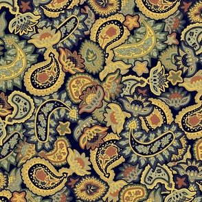 Large Scale Scattered Allover paisley in blue and golds