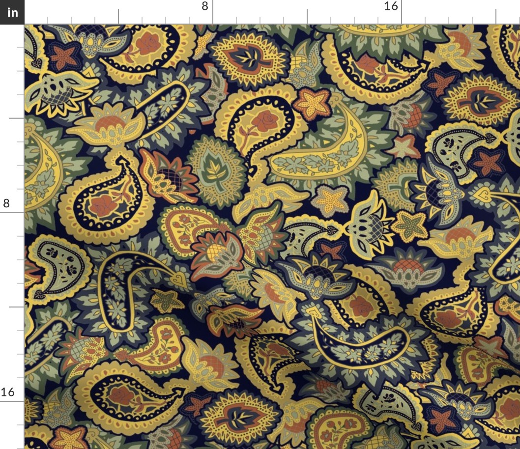 Large Scale Scattered Allover paisley in blue and golds