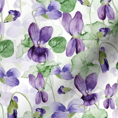 14" Hand painted purple Lilac Watercolor Floral Violets, Violet Fabric, Spring Flower Fabric -  double layer on white 2