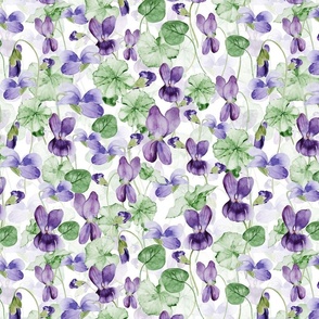 14" Hand painted purple Lilac Watercolor Floral Violets, Violet Fabric, Spring Flower Fabric -  double layer on white 2