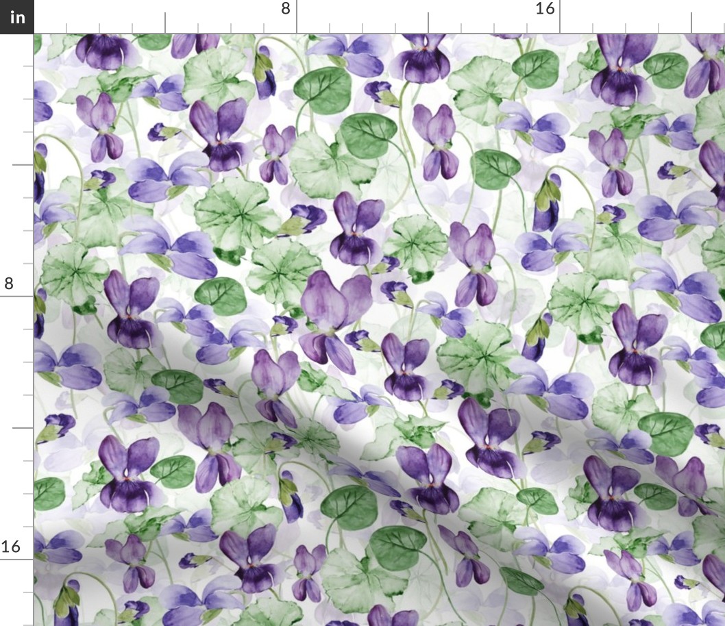 14" Hand painted purple Lilac Watercolor Floral Violets, Violet Fabric, Spring Flower Fabric -  double layer on white 2