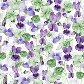 18" Hand painted purple Lilac Watercolor Floral Violets, Violet Fabric, Spring Flower Fabric -  double layer on white 2