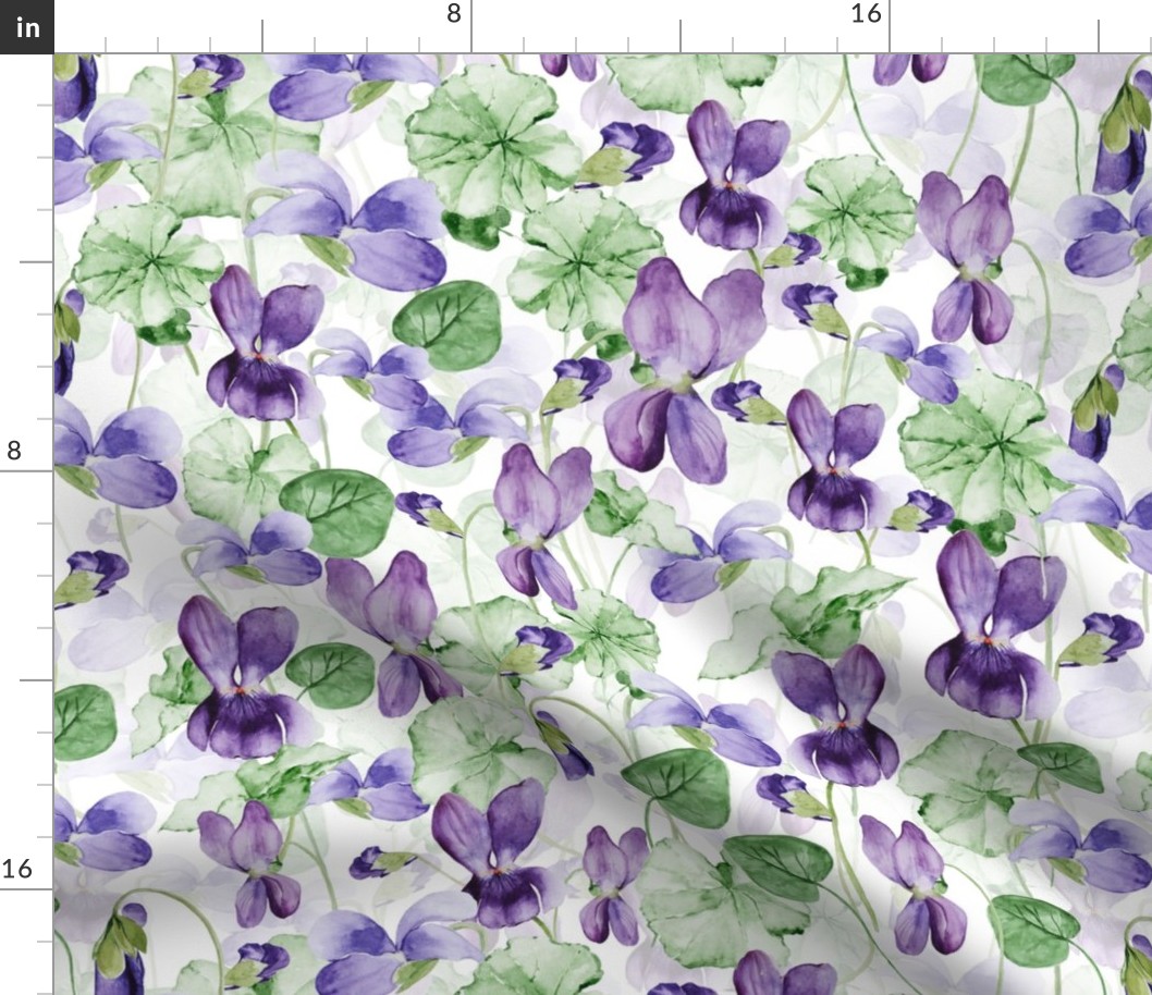 18" Hand painted purple Lilac Watercolor Floral Violets, Violet Fabric, Spring Flower Fabric -  double layer on white 2