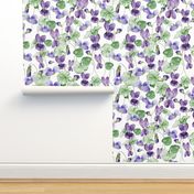 14" Hand painted purple Lilac Watercolor Floral Violets, Violet Fabric, Spring Flower Fabric -  on white 2