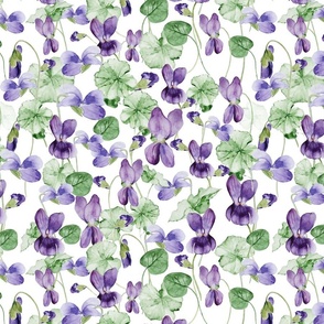 14" Hand painted purple Lilac Watercolor Floral Violets, Violet Fabric, Spring Flower Fabric -  on white 2