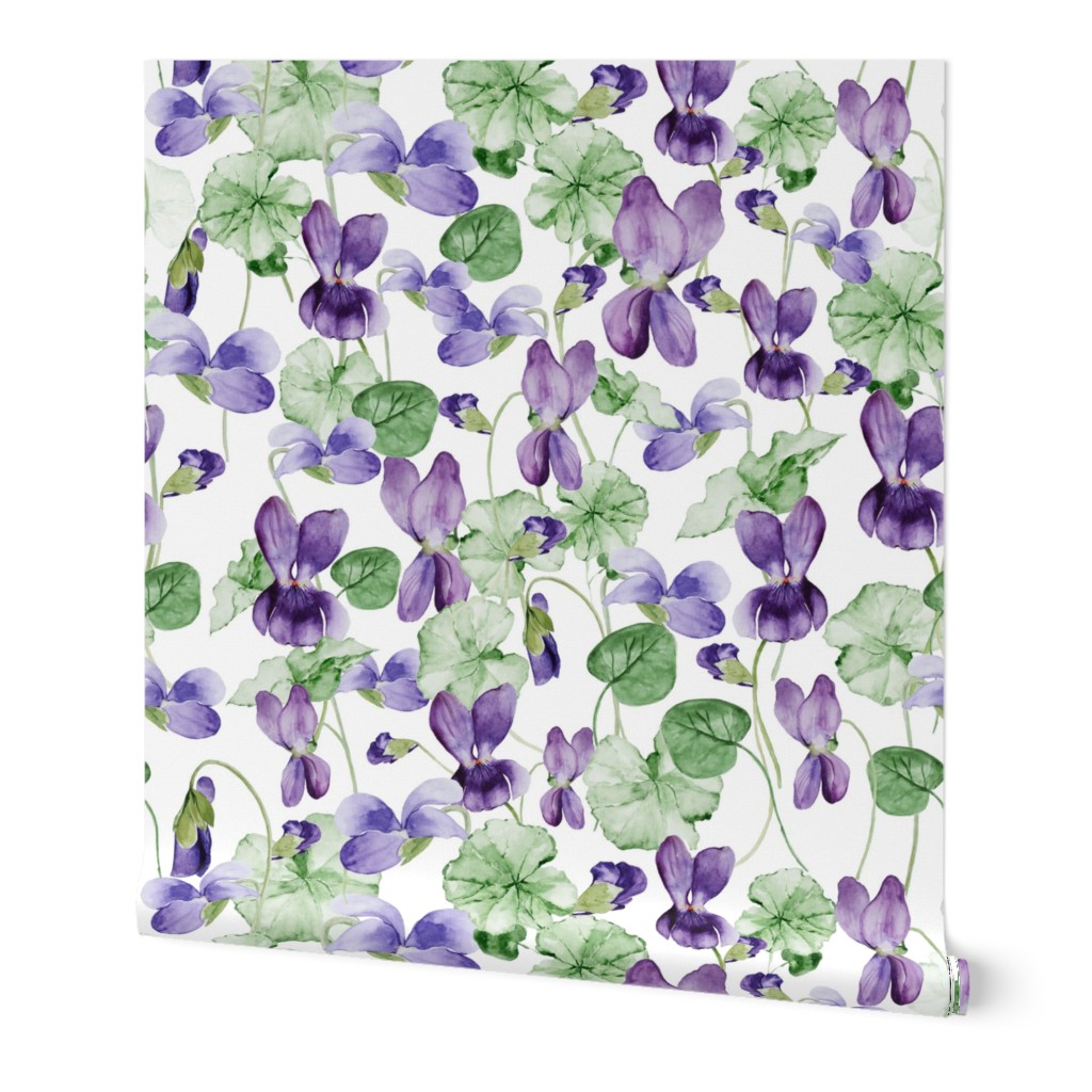 18" Hand painted purple Lilac Watercolor Floral Violets, Violet Fabric, Spring Flower Fabric -  on white 2
