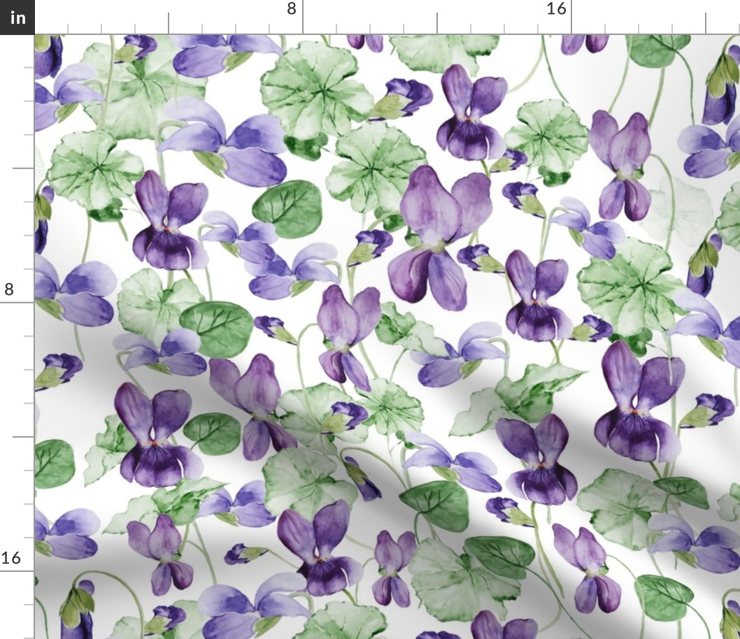 18" Hand painted purple Lilac Watercolor Floral Violets, Violet Fabric, Spring Flower Fabric -  on white 2
