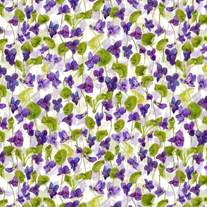 14" Hand painted purple Lilac Watercolor Floral Violets, Violet Fabric, Spring Flower Fabric - double layer on white