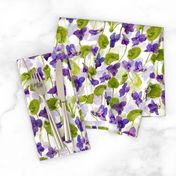 18" Hand painted purple Lilac Watercolor Floral Violets, Violet Fabric, Spring Flower Fabric - double layer on white