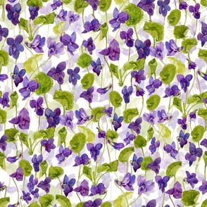 18" Hand painted purple Lilac Watercolor Floral Violets, Violet Fabric, Spring Flower Fabric - double layer on white