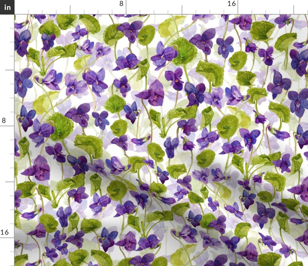 18" Hand painted purple Lilac Watercolor Floral Violets, Violet Fabric, Spring Flower Fabric - double layer on white