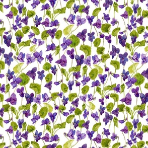 14" Hand painted purple Lilac Watercolor Floral Violets, Violet Fabric, Spring Flower Fabric -  on white