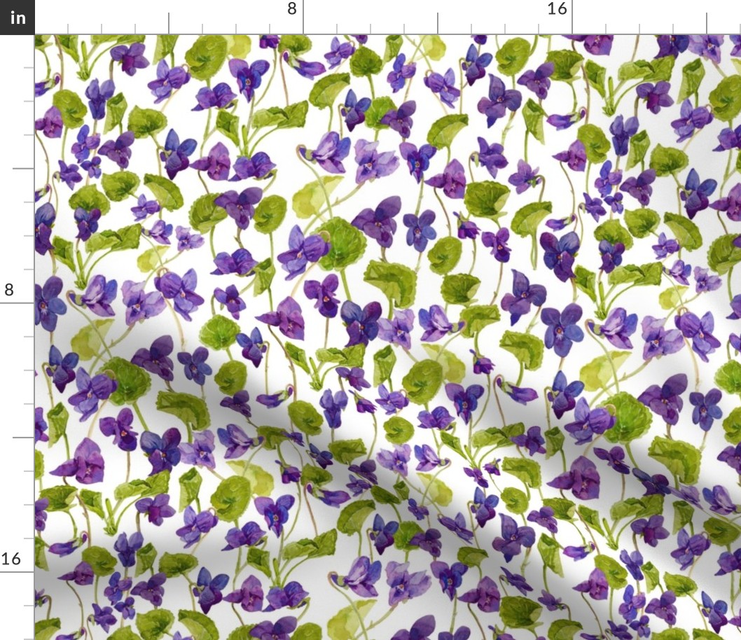 14" Hand painted purple Lilac Watercolor Floral Violets, Violet Fabric, Spring Flower Fabric -  on white