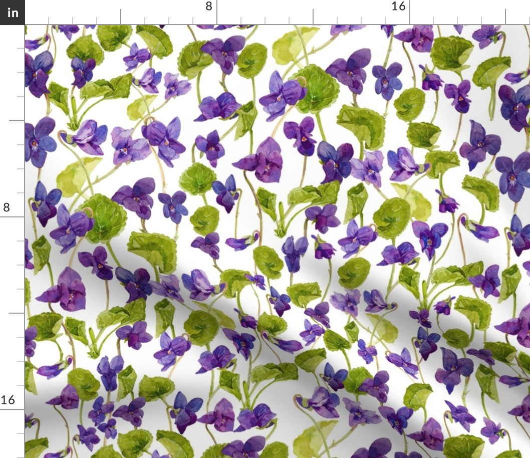 18" Hand painted purple Lilac Watercolor Floral Violets, Violet Fabric, Spring Flower Fabric -  on white