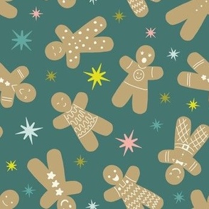 gingerbread men on dark teal for retro christmas color collab