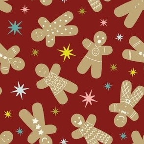 gingerbread men on dark poppy red for retro christmas color collab