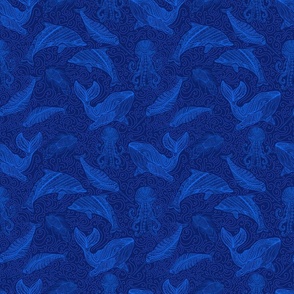 Whale dolphin octopus narwhal fish fantasy seamless pattern