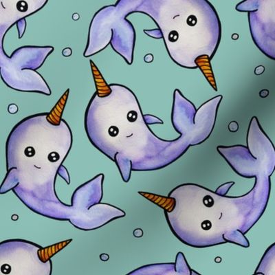 Narwhals and Bubbles Watercolor - Teal