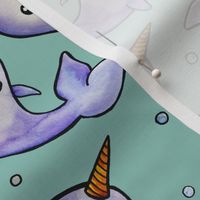 Narwhals and Bubbles Watercolor - Teal