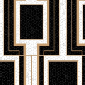 Jumbo Art Deco Geometric Rectangles in Cracked Black and Faux Gold with Off-White Eggshell Craquelure Pattern