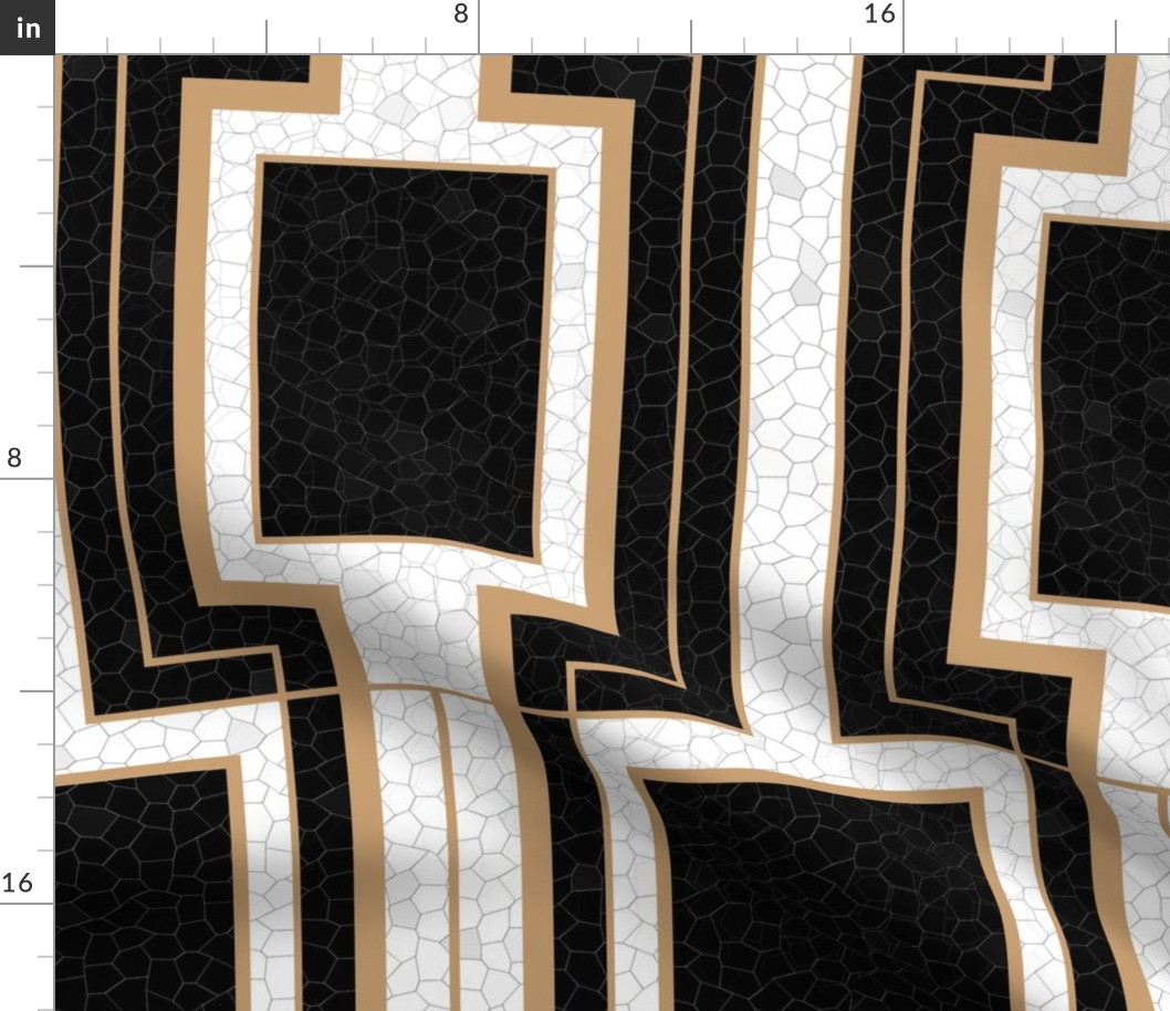 Jumbo Art Deco Geometric Rectangles in Cracked Black and Faux Gold with Off-White Eggshell Craquelure Pattern