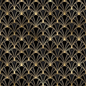 Crackled Black and Solid Black Scallop Shells in Black with Gold Art Deco Vintage Foil Pattern